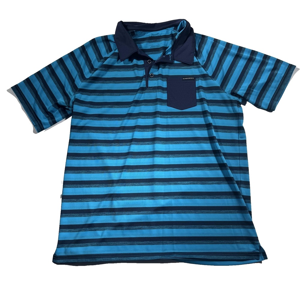 Oakley Polo Shirt Mens Large Blue Striped Performance Golf Pocket Activewear